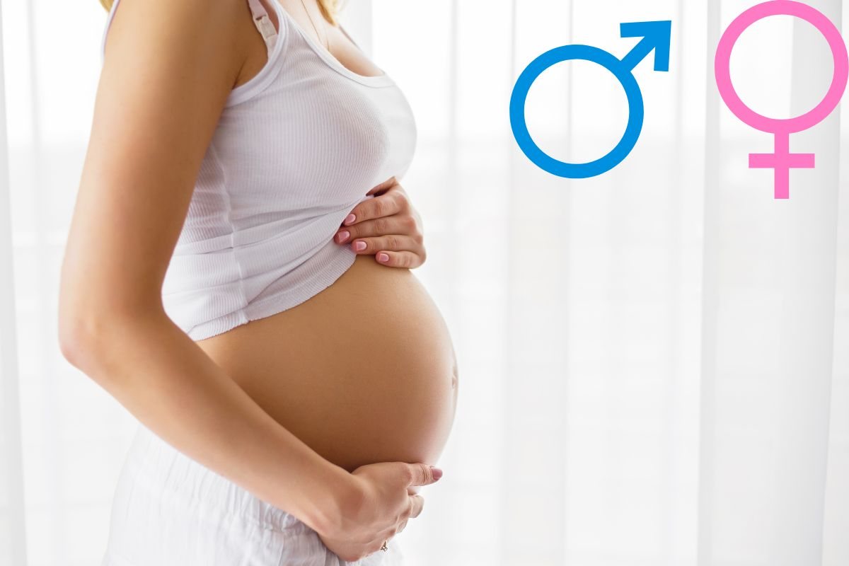 Donna in gravidanza che accarezza pancia e simbolo maschio femmina