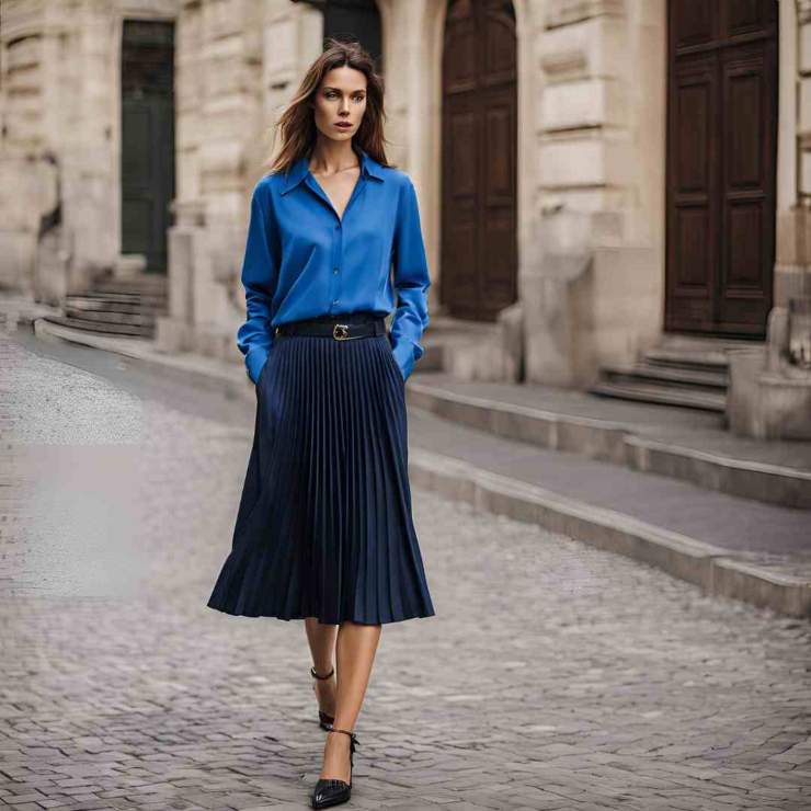 camicia blu e gonna midi