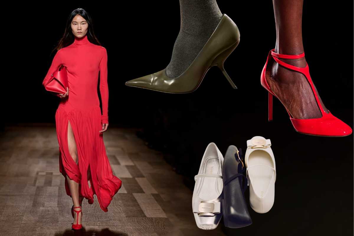 collage modella Ferragamo e scarpe autunno inverno 2024