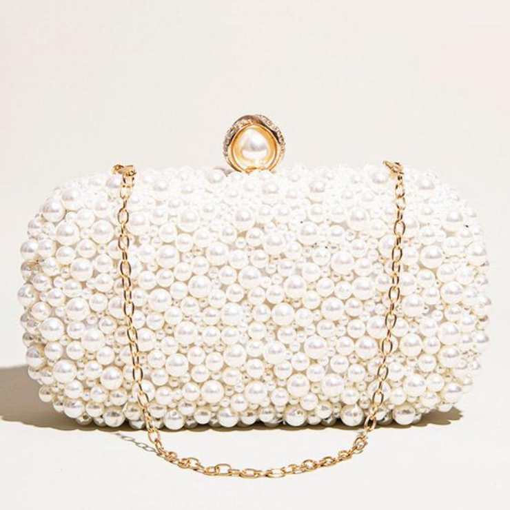 pochette da sposa con perle e catena dorata