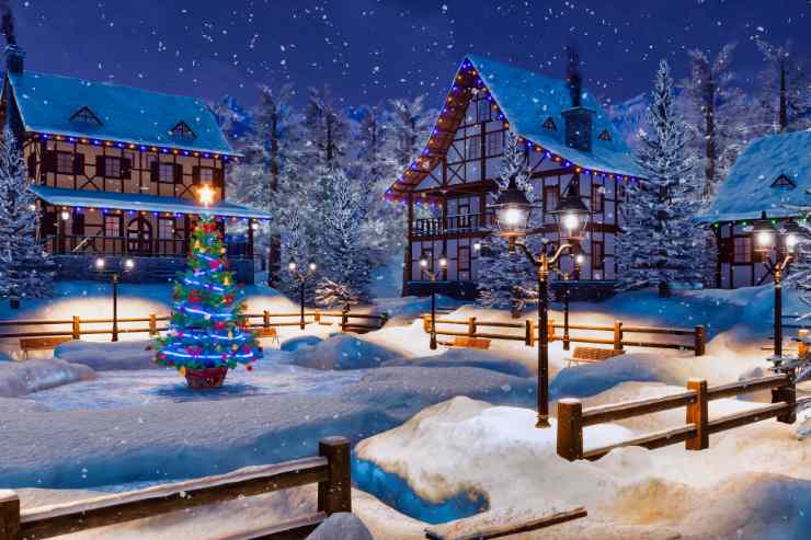 chalet montagna con neve e albero di Natale