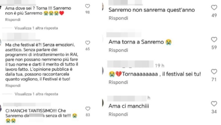 Commenti dei followers sul profilo Instagram di Amadeus