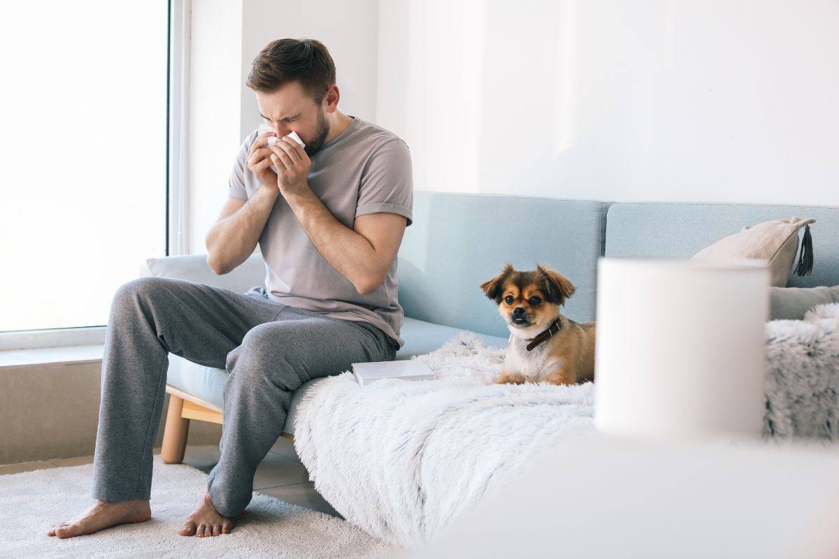 persona che si soffia il naso sul divano con accanto il cane