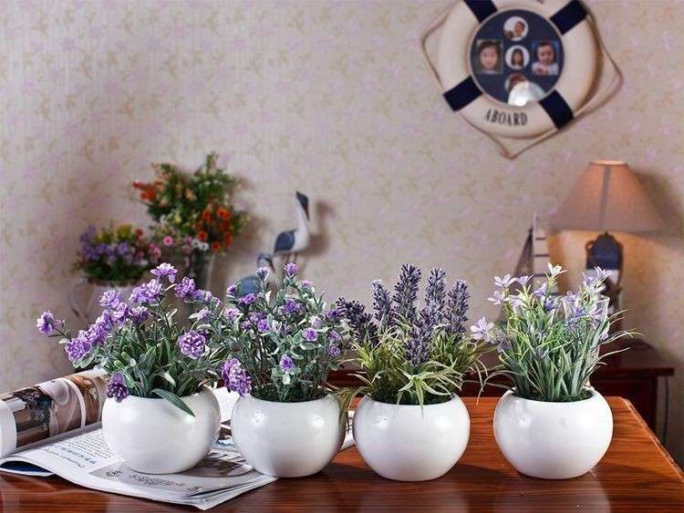 Vasetti con fiori e lavanda